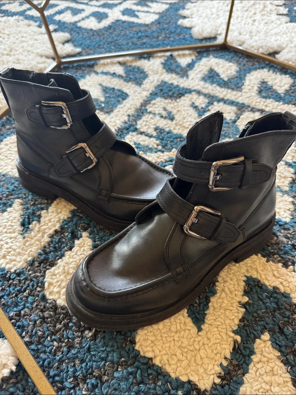 Free People Black Double-Buckle Leather Ankle Boots